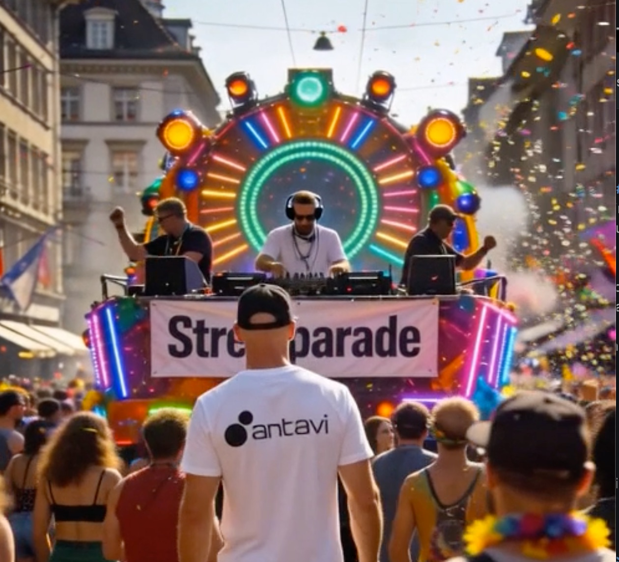 Person im antavi-Shirt vor einem DJ-Truck an der Street Parade in Zürich